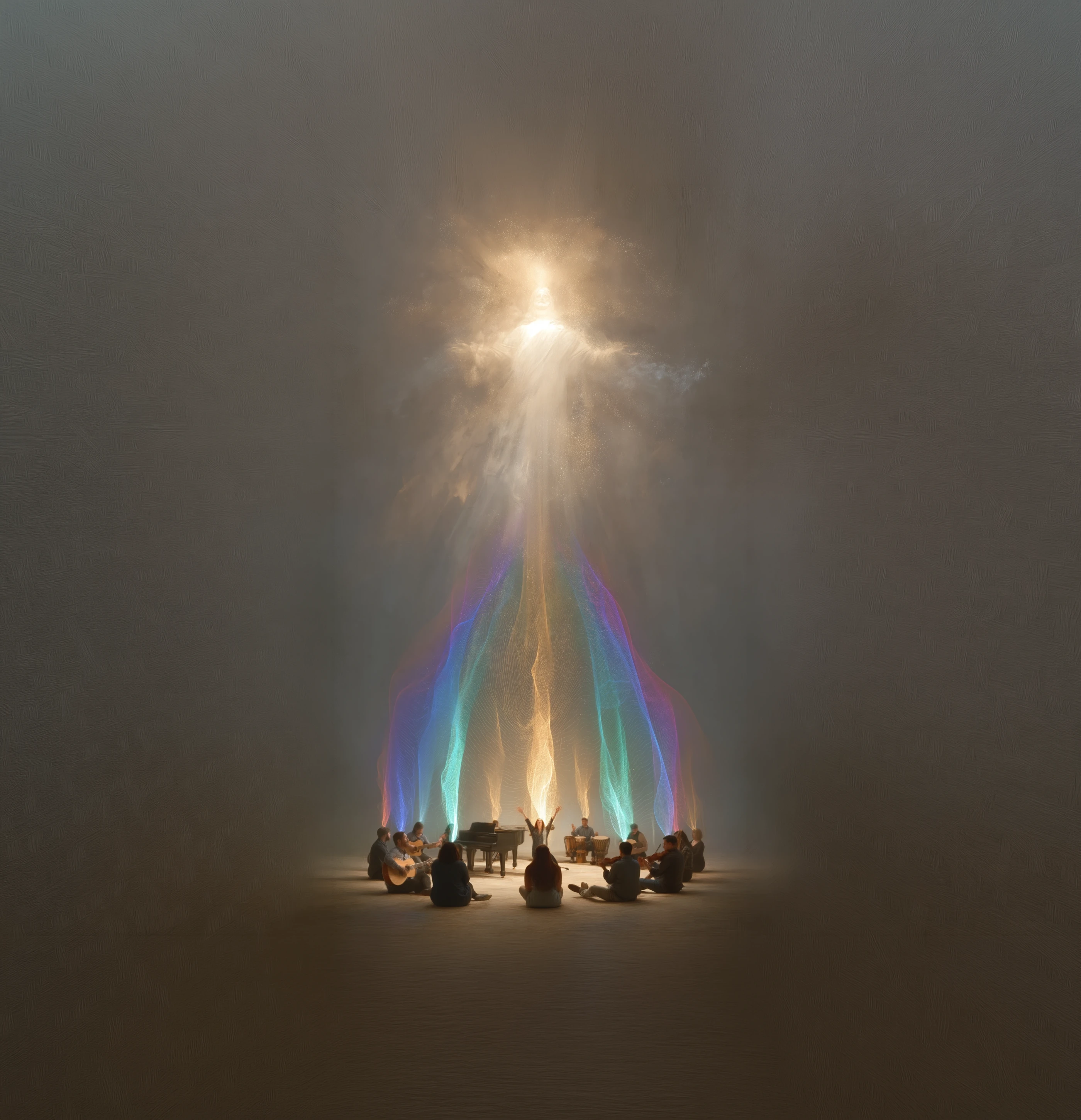 New Sound New Frequency — musicians gathered in worship with heavenly light