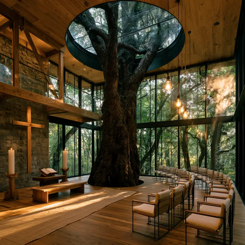 24 hour prayer room — sanctuary built around a living tree